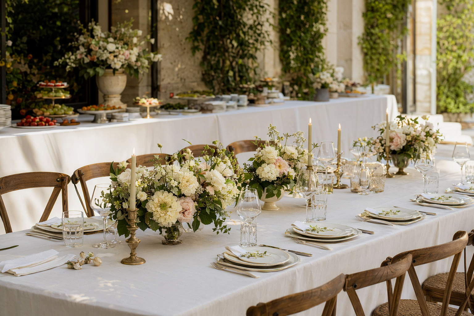 Tables de mariage dressées sous des guirlandes lumineuses